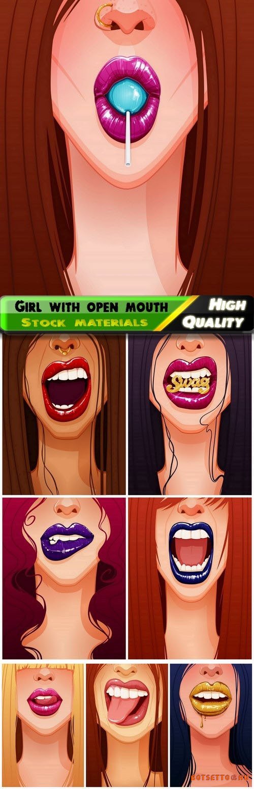 Girl and woman with open mouth and glitter colored lipstick 8 Eps
