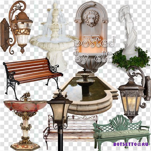 Клипарт в png - колодцы, фонтаны, скамейки, фонари